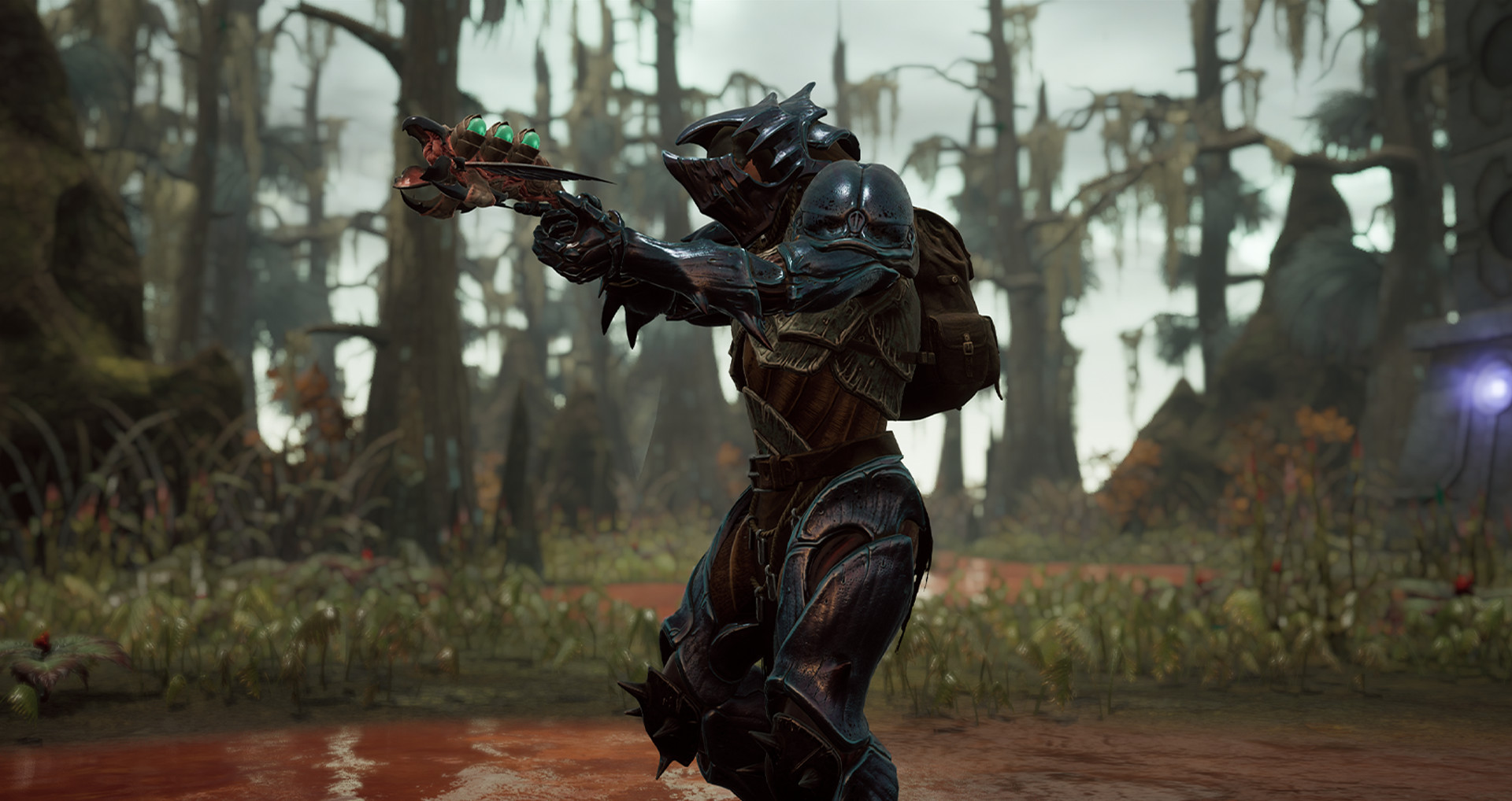 Remnant character aiming a pistol type weapon in a swamp