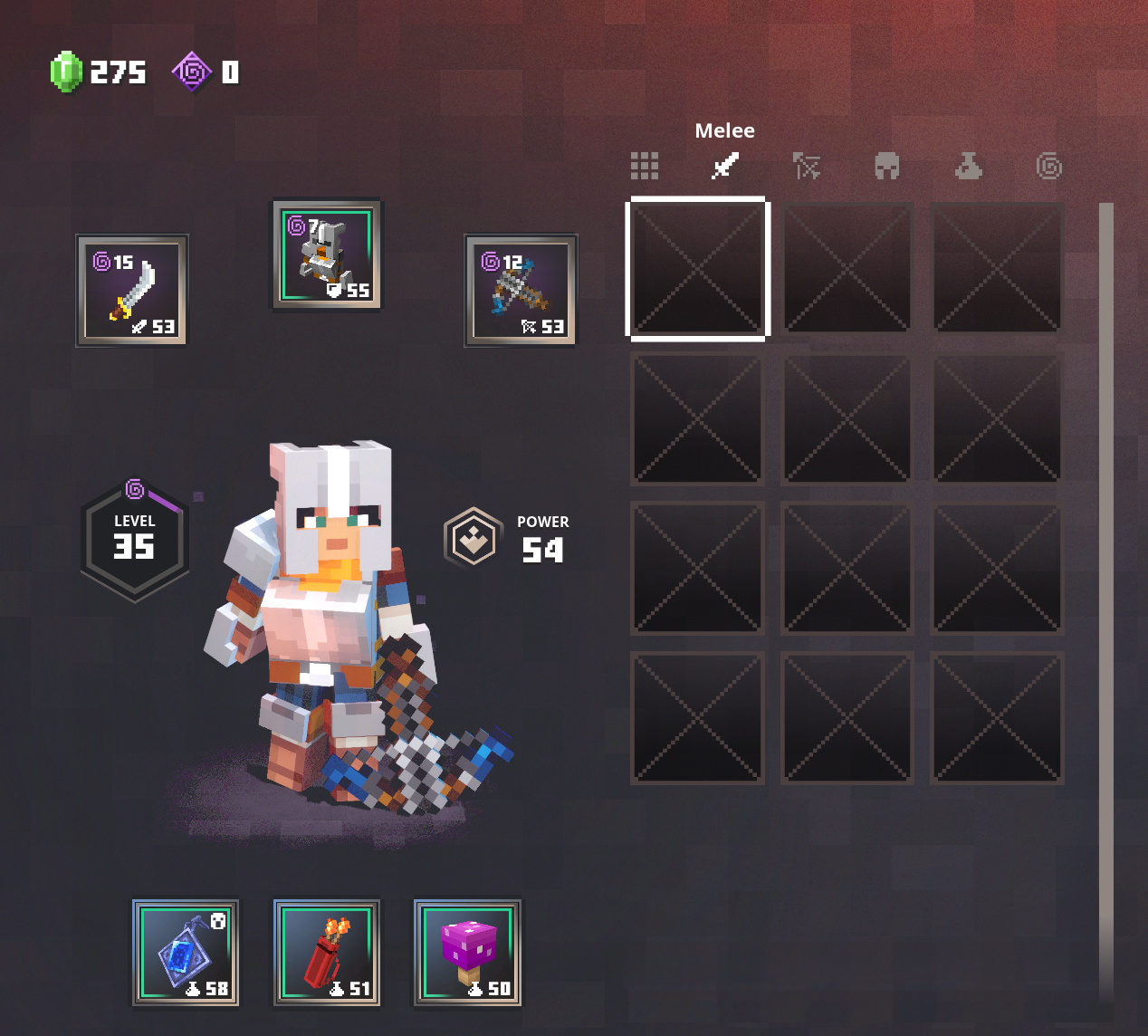 Player inventory screen in Minecraft Dungeons