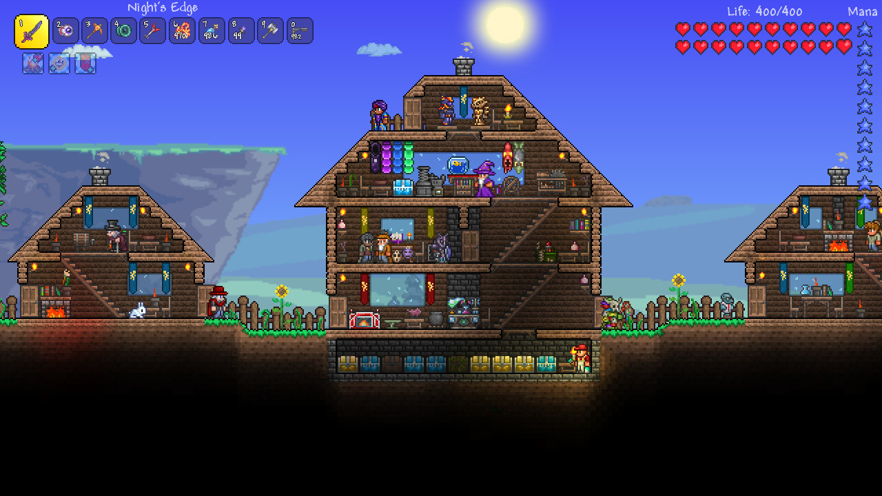 Characters hang out in their homes in the unforgiving world of Terraria.