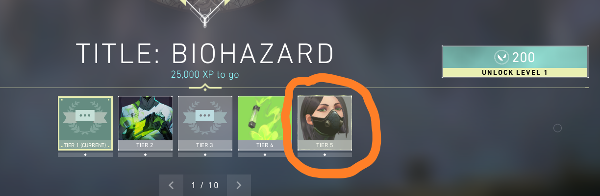 In-game screenshot from Valorant's main menu displaying "Title: Biohazard", "25,000 XP to go", contract tiers 1-5, and a button for "unlock level 1"