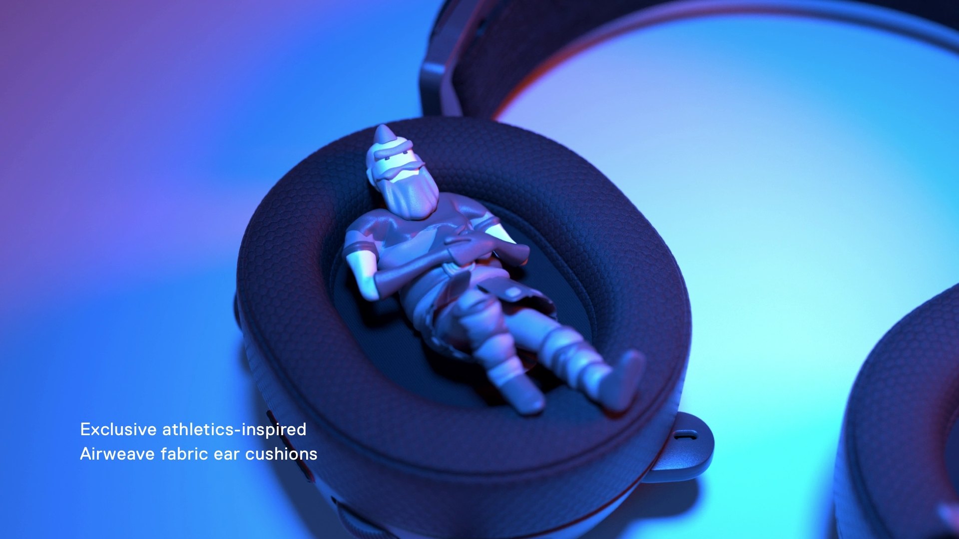 A small icon figure laying comfortably in the Arctis Ear Cup