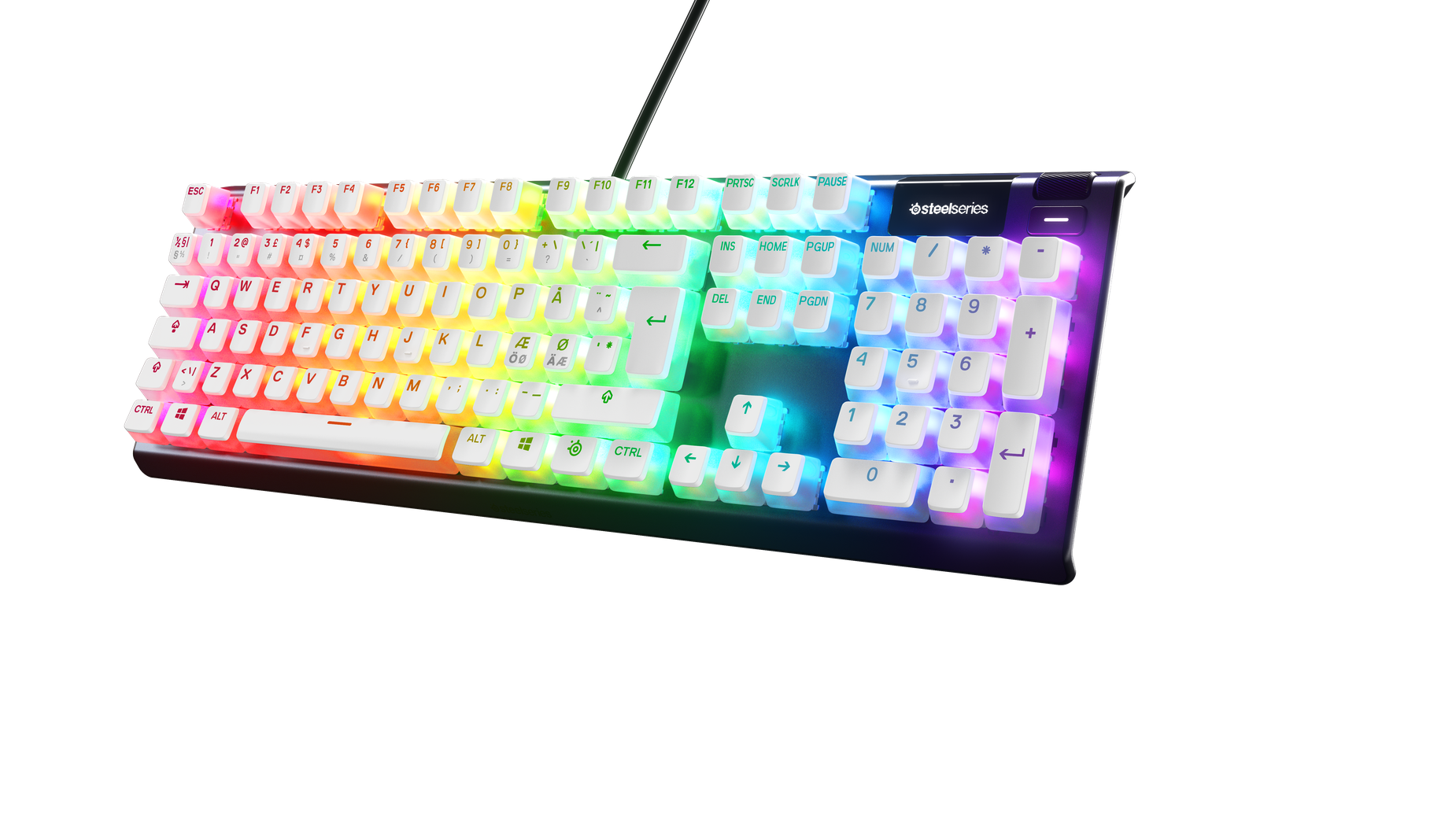 
 Prismcaps on an Apex Pro keyboard. The double shot design shows off an intense RGB hue.
 