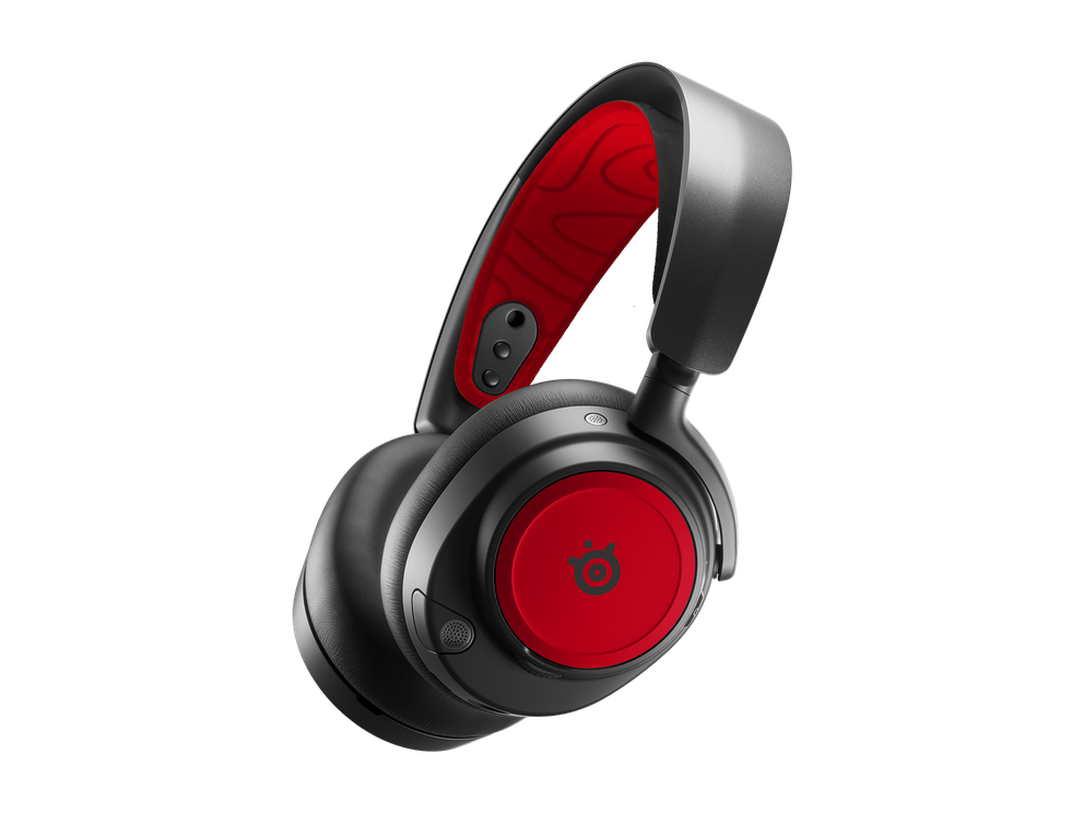 
 Arctis Nova Pro Booster Pack, shown with Cherry Red ski goggle headband and speaker plates attached to gaming headset.
 