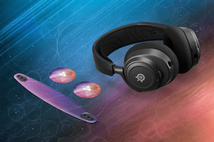 An Arctis Nova Pro headset with a Celestial clad Destiny booster pack on.