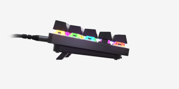 
 A side shot of the Apex 9 keyboard's height adjustable tilt legs.
 