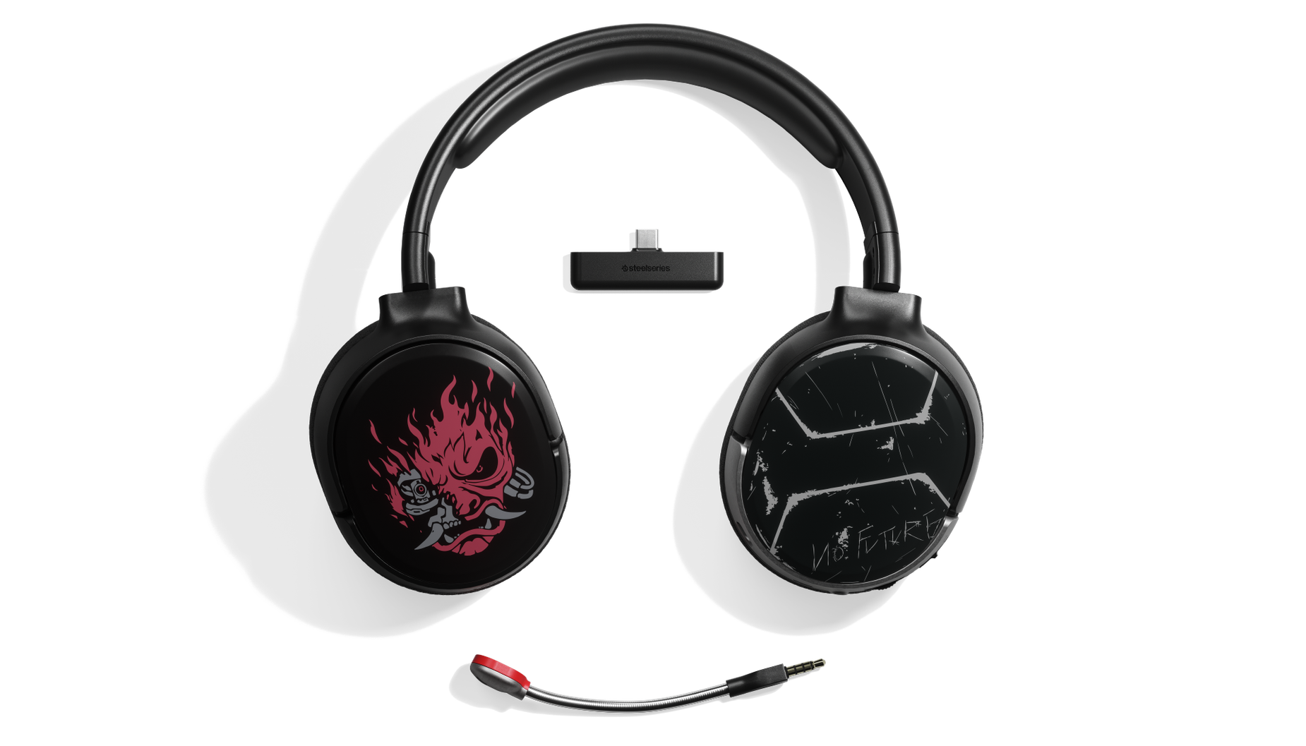 
 The Arctis 1 Wireless for Xbox Cyberpunk Edition gaming headset surrounded by detachable microphone and wireless dongle
 