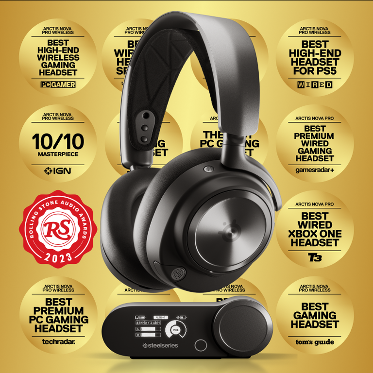 An Arctis Nova Pro Wireless gaming headset lays against an background of gold award badges. 1st gold badge with text reads: "Arctis Nova Pro Wireless: Best Wireless Headset Splurge" from tom's hardware. 2nd gold badge with text reads: "Arctis Nova Pro