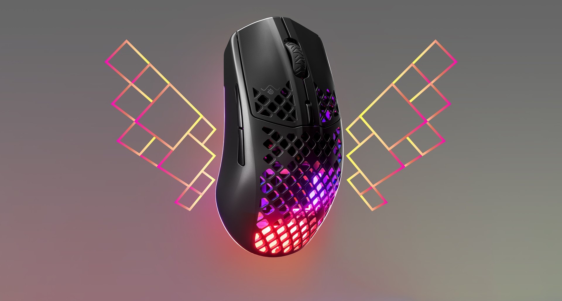 Aerox 3 Wireless Mouse render with lightning wings coming out of each side of the mouse