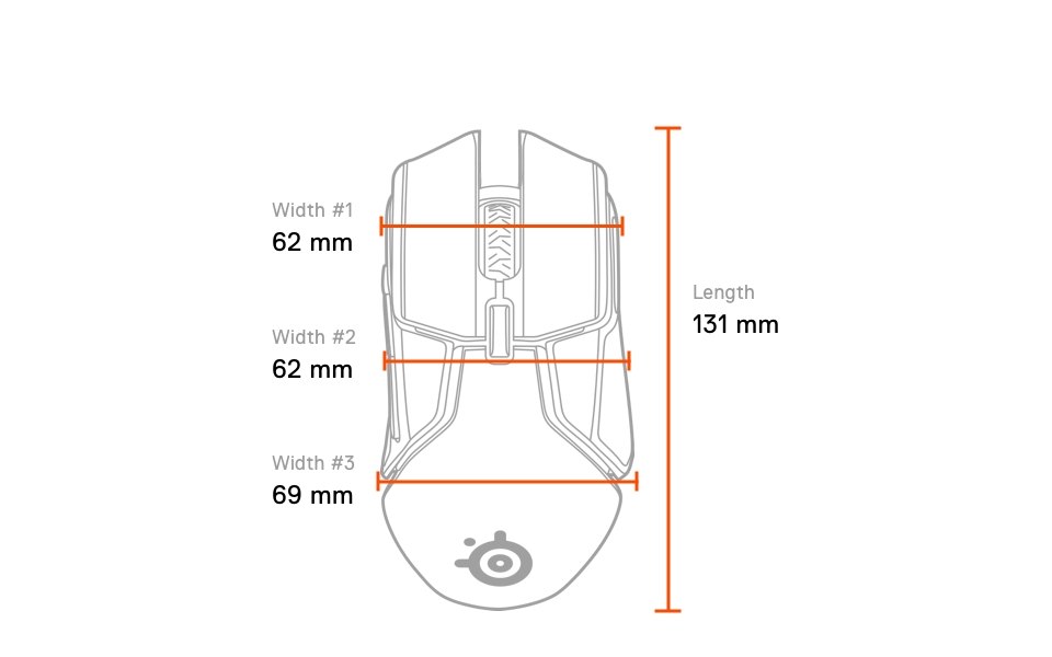 Rival 650 Wireless top dimensions: length 131mm, width #1 front 62mm, width #2 middle 62mm, width #3 rear 69mm