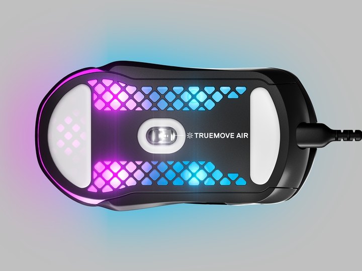 An Aerox 5 Wireless mouse shown from beneath with a great view into the sensor and bottom glide skates of the mouse. Text with an arrow pointing to the sensor reads "Truemove Air".