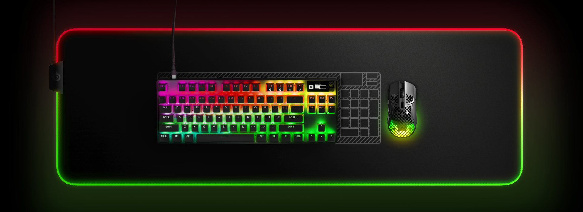 An Apex Pro TKL keyboard with a blueprint of a full size Apex Pro keyboard behind it to illustrate the layout and size difference.