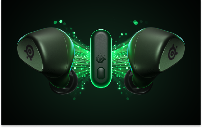 An image of the Gamebuds with bright blue light in the background.