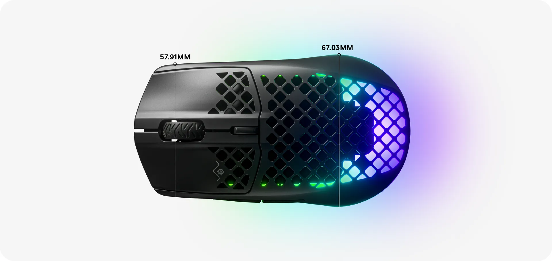 Overhead view of the Aerox 3 Wireless mouse dimensions, with width listed as 57.91 mm across the scroll wheel and 67.03 mm width listed across the widest part of the mouse.