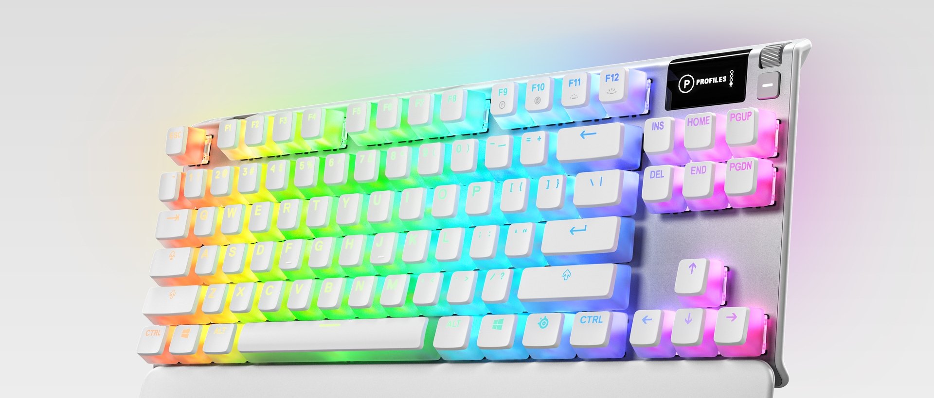 A closeup of PrismCaps, SteelSeries double shot PBT keycaps.