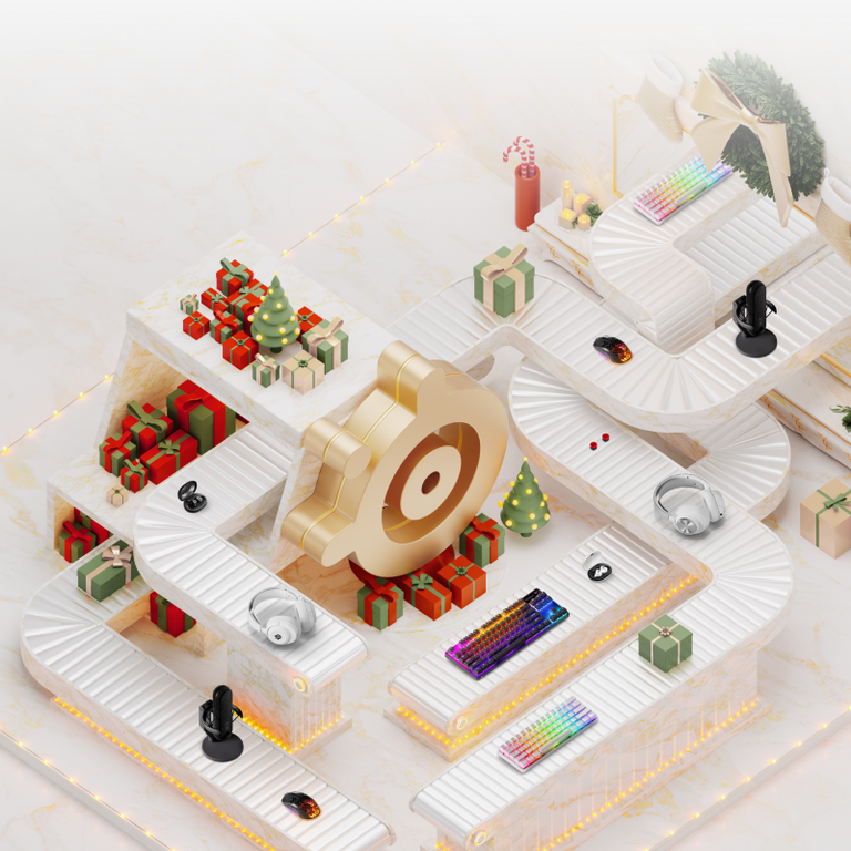 The SteelSeries holiday factory of dreams: a conveyor belt filled with various SteelSeries products surrounded by holiday decor.