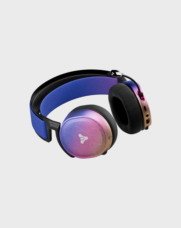 
 The Arctis 7+ Destiny 2: Lightfall Edition laying at an angled position, displaying the bottom and side of the headset.
 