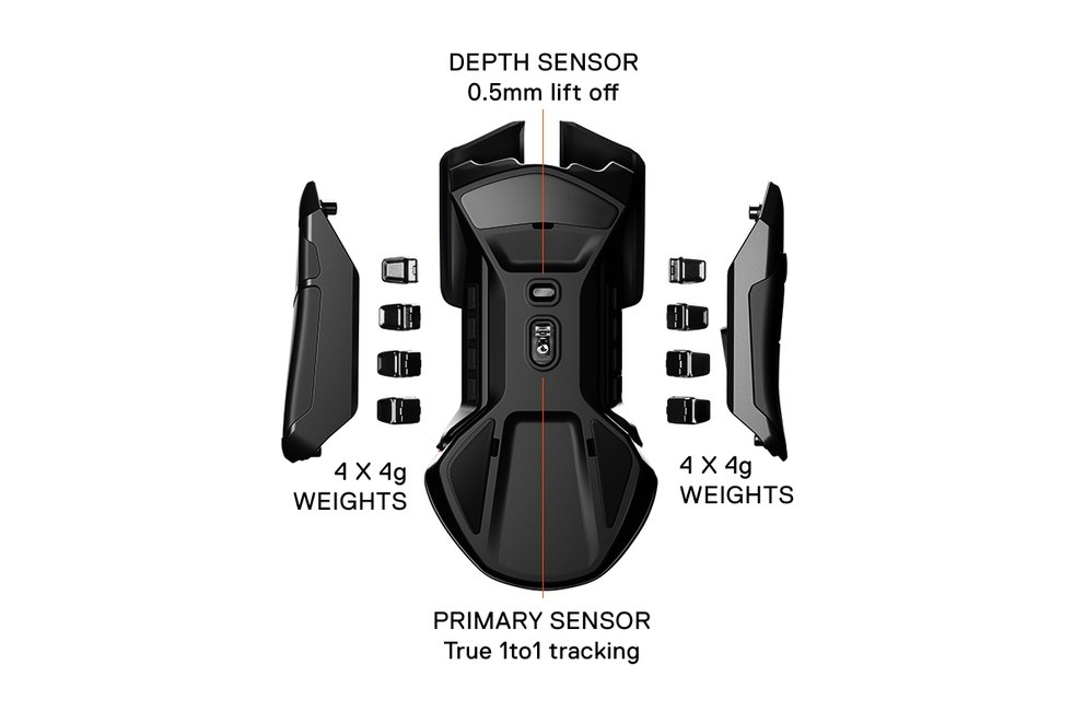 
 Rival 600 gaming mouse with sides unattached and removable weights shown
 