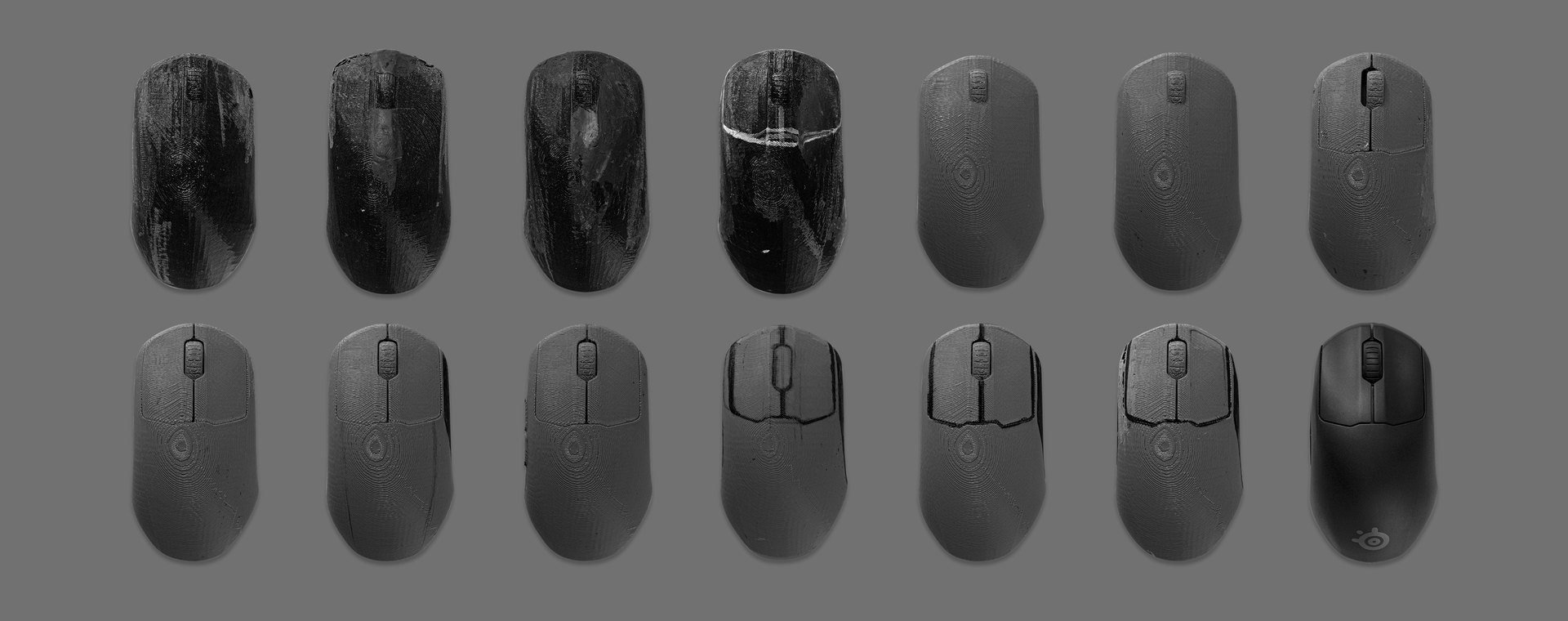 Three rows of mice show a progression in design based on feedback and testing.