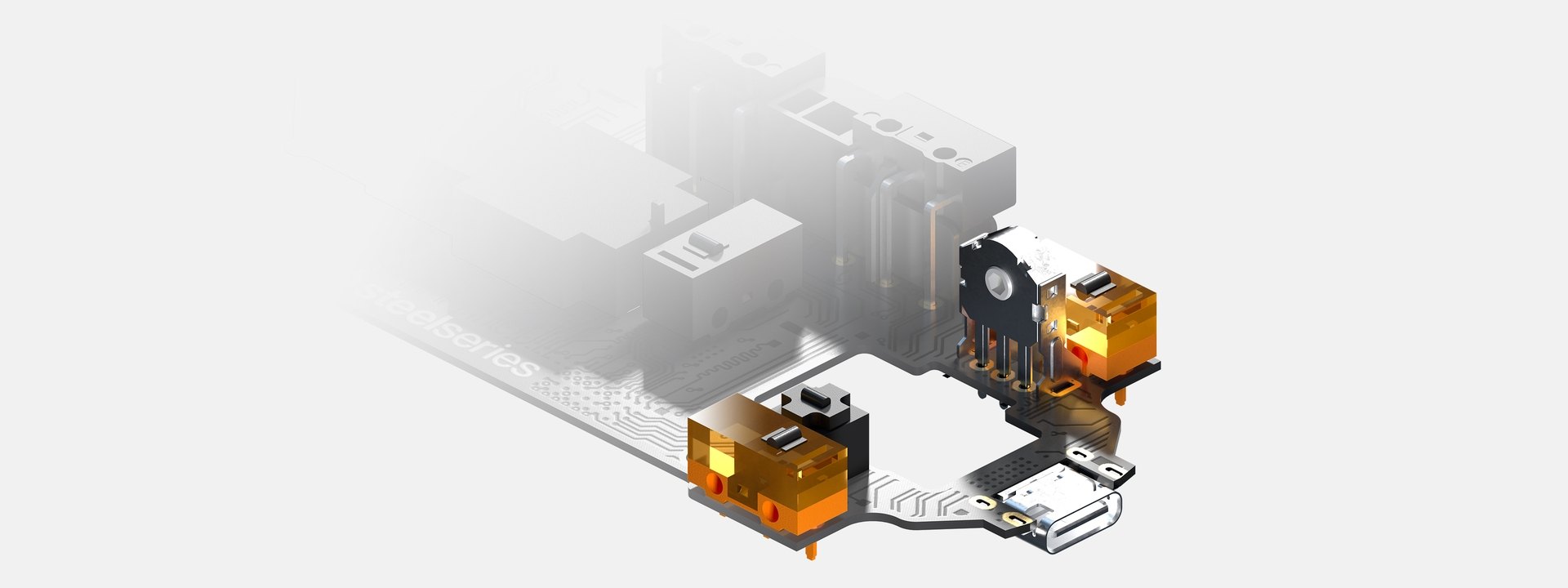 An Aerox 3 Wireless mouse interior circuit board showing the new left and right click switches.