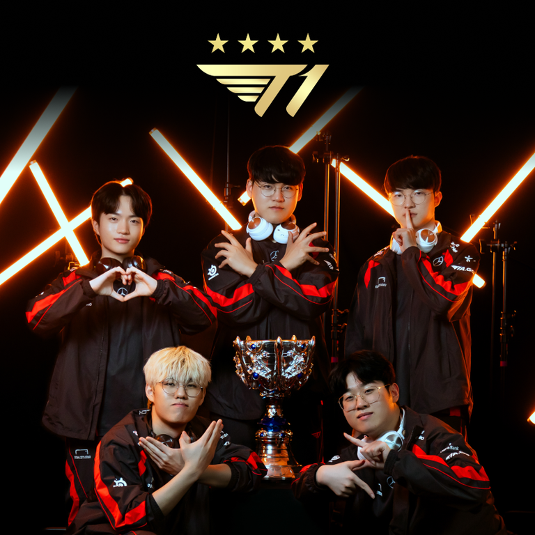 An image presenting gaming team T1 wearing white headset standing on top of the building roof.