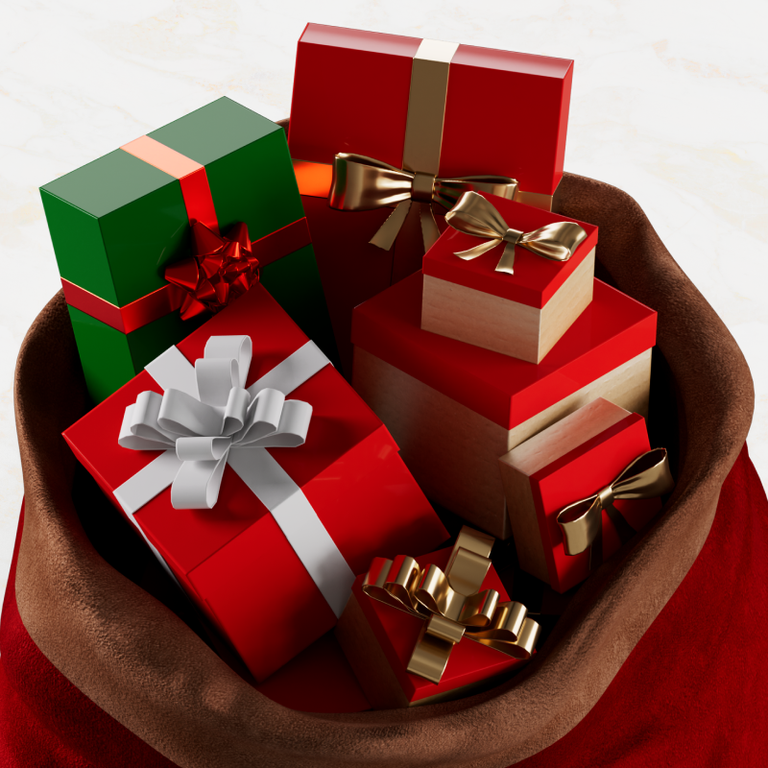An image of a large sack of holiday assorted presents.