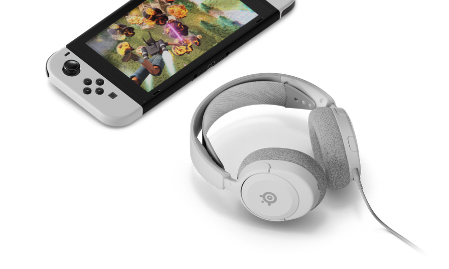 An Arctis Nova 1 headset next to a Nintendo switch.