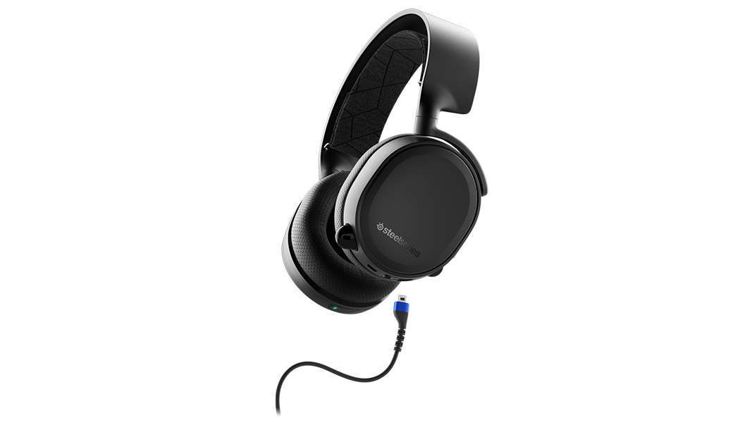 
 Arctis 3 Bluetooth wireless gaming headset angled with mobile wire shown as an option for mobile device or Nintendo Switch connection
 