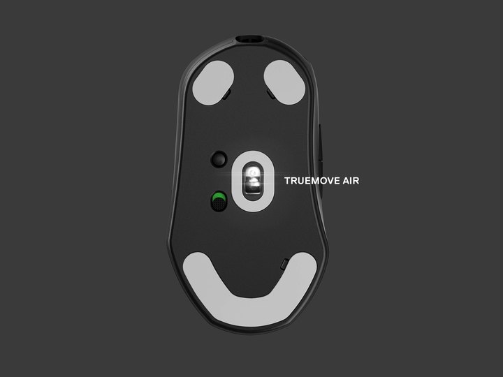 An underside look at the mouse with a label identifying the sensor. Text right: TrueMove Pro.