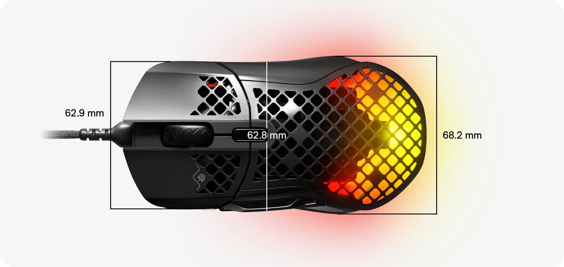 A top-down view of the Aerox 5 mouse with dimensions near the scroll wheel and palm rest. From side to side near the scroll wheel, text reads "62.9 MM", from the middle "62.8 MM" and from the palm rest, text reads "68.2 MM".