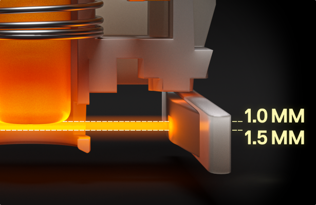 A close up of the Apex 9 TKL optipoint switch. Text showing the actuation range reads: "1.0 MM to 1.5 MM."