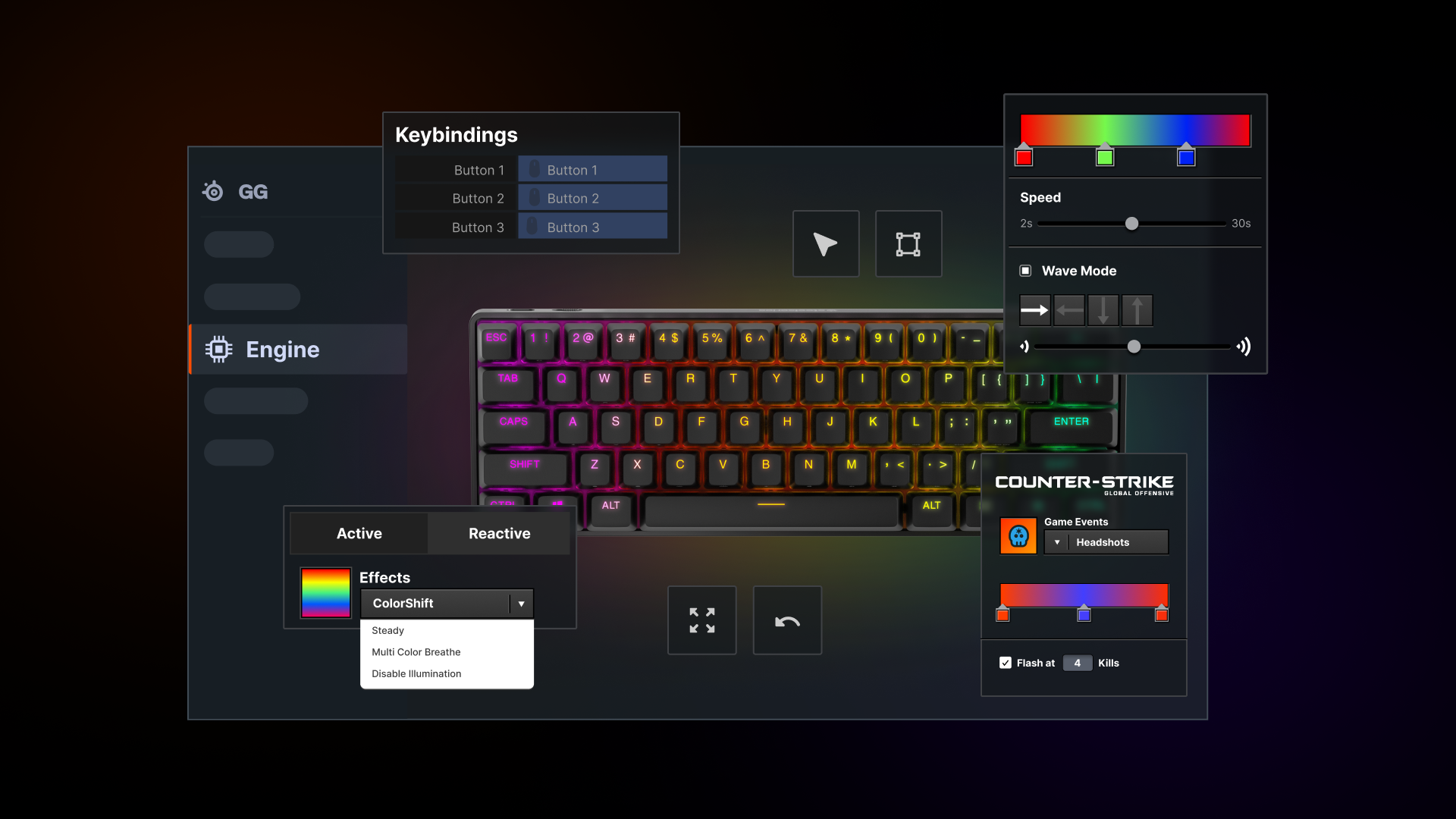 A user interface mockup of SteelSeries GG software showing the customization capabilities of the keyboard.