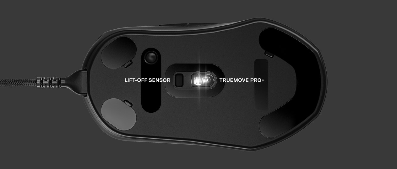 An underside look at the mouse with two labels. Text left: Lift-off sensor, Text right: TrueMove Pro+.