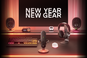An image of a desk setup with an assortment of SteelSeries gear with text that reads: "New Year New Gear".
