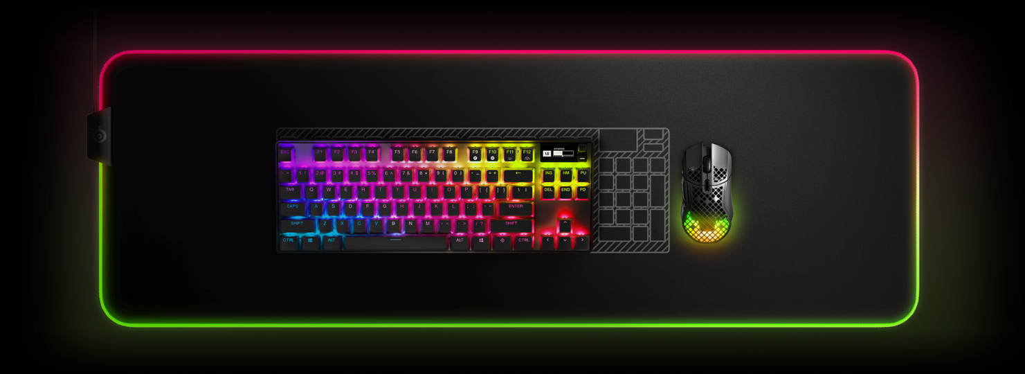 An Apex Pro TKL Wireless keyboard with a blueprint of a full size Apex Pro keyboard behind it to illustrate the layout and size difference.