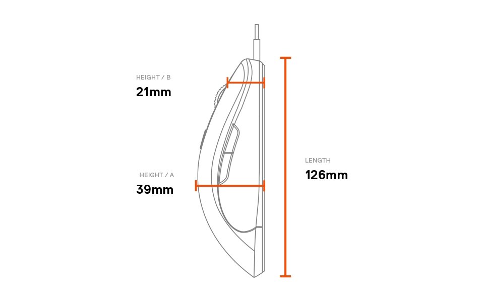 Sensei Ten side dimensions: length 126mm, height b front 21mm, height a rear 39mm